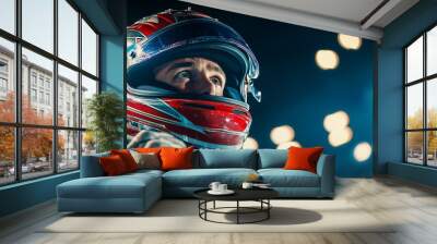 A racing driver spraying champagne with the stadium lights behind him, capturing the euphoria of winning. Ai generated Wall mural