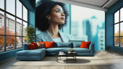 A thoughtful businesswoman with a touchpad in hand, gazing out of a high-rise office window, deep in contemplation. Ai generated Wall mural