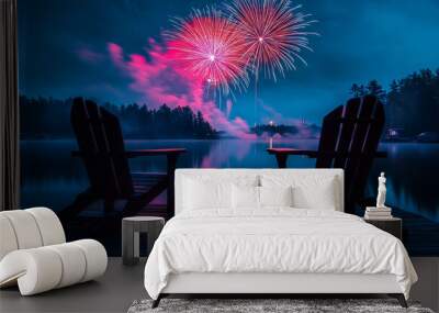 Spectacular fireworks light up the night sky over Muskoka Lake, Ontario, as two Adirondack chairs on the dock frame the perfect Canada Day celebration scene. Ai generated Wall mural