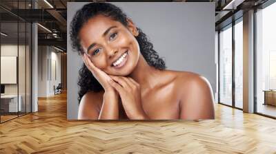 Black woman, beauty and portrait smile in skincare, cosmetics or treatment against a grey studio background. Portrait of happy African American female face smiling for cosmetic care and perfect skin Wall mural