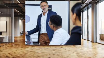 Going in depth regarding financial analysis. Shot of a mature businessman giving a presentation to his colleagues in an office. Wall mural