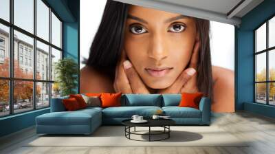 .Portrait, beauty and skincare with an indian woman in her home, feeling beautiful or fresh. Face, hair and relax with an attractive young female in her apartment looking confident or feminine. Wall mural