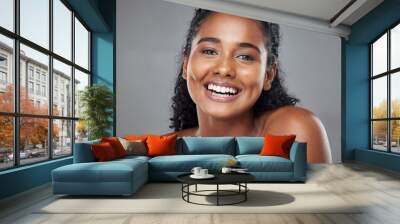 Black woman, beauty and smile with teeth for skincare, makeup or cosmetics against a grey studio background. Portrait of happy African American model smiling in satisfaction for dental treatment Wall mural