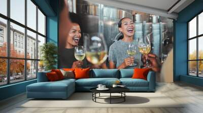 Celebration, champagne glasses and friends at wine tasting experience or celebrating success for about us hospitality homepage. Business people drinking luxury alcohol in winery business or industry Wall mural