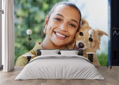 Theyre a womans best friend too. Cropped portrait of an attractive young businesswoman and her adorable puppy at home. Wall mural