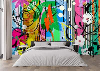 abstract background composition with flowers, paint strokes, splashes and geometric lines Wall mural