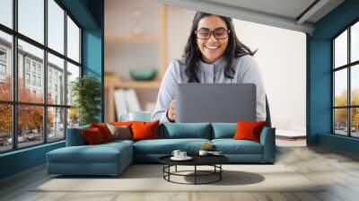 Email, research and business woman with a laptop for a website, internet networking and reading information. Planning, corporate connection and worker with a smile for online feedback on a computer Wall mural