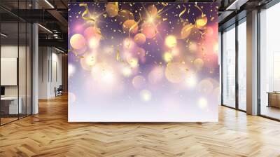 Confetti and streamers on bokeh lights background Wall mural