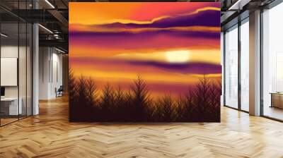 forest on the background of an orange sunset and clouds Wall mural