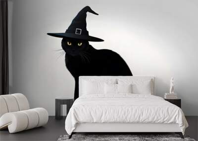 silhouette of black cat with yellow eyes in witch's hat on white background. black and white elegant portrait in profile. symbol of Halloween and magic Wall mural