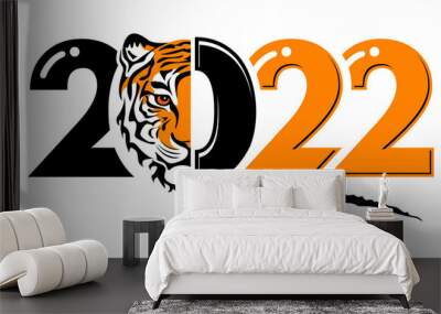 2022 Year of tiger, drawing tiger face black, orange and white lines, ragged claw marks and numbers 2022 for poster, brochure, banner, invitation card. Vector on transparent background. Wall mural