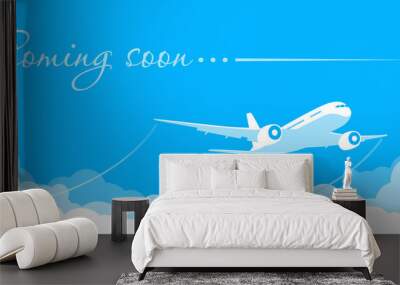 Blue sky with clouds and a plane taking off. Announcement of the opening and the beginning of flights after quarantine. Illustration, vector Wall mural