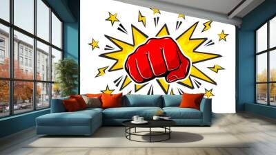 Explosive blow fist,  strong punch drawn in comic style. Fist punching, hit strong fist. Vector on transparent background Wall mural