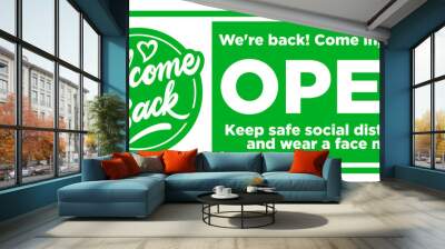 Open sign on the front door come in, we’re opening again! Keep social distancing and wear face mask. Vector Wall mural