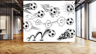 Soccers football balls fly at high speed. Vector on transparent background in comic style  Wall mural