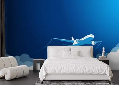 White plane in the blue sky flying above the clouds. Vector background template for web page header Wall mural