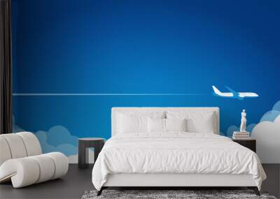 White plane in the blue sky flying above the clouds. Vector background template for web page header Wall mural