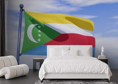 3D illustration of Waving flag of Comoros with chrome flag pole in blue sky waving in the wind. High resolution flag with clarity. Wall mural