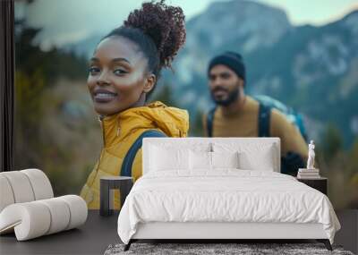 Black woman and her boyfriend hiking in mountains, Generative AI Wall mural