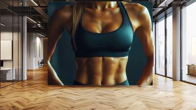 Close-up of a fit woman's torso with defined abs in sportswear on black background, Generative AI Wall mural