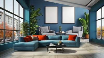 Framed mockup posters in apartment living room design interior, grey modern furniture, blue wall, stone floor, two armchairs. Concept of relax, Generative AI Wall mural