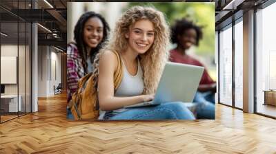 Happy multi-ethnic female students have fun while using laptop in front of university building, Generative AI Wall mural