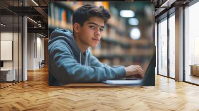 Male student learning at high school library, Generative AI Wall mural