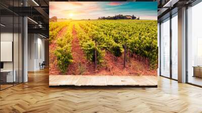 Red wine with barrel on vineyard in green Tuscany, Italy Wall mural