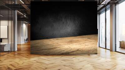 Selected focus empty brown wooden table and wall texture or old black brick wall blur background image. for your photomontage or product display Wall mural