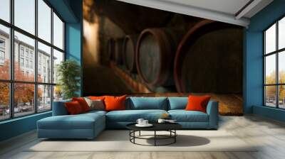 Wine barrels in a old wine cellar Wall mural