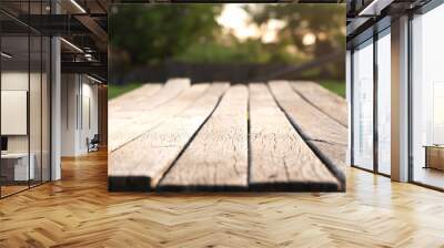 Wooden board empty table in front of blurred background. Perspective brown wood over blur trees in forest - can be used mock up for display or montage your products. . High quality photo Wall mural