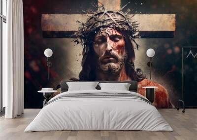 Powerful and poignant image of Jesus Christ on the cross, conveying sacrifice, salvation, and hope. A symbol of faith and love.  Wall mural