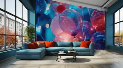 Shimmering balloons float in a dreamy haze of blue and pink light. Reflections dance across their surfaces, creating a magical party atmosphere. Wall mural