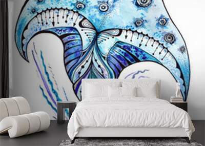 Manta ray sea animal watercolor and ink illustration Wall mural