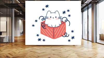 Draw funny cat  sitting in gift box for christmas and winter vector illustration character collection funny cat for Christmas and New year. Doodle cartoon style. Wall mural