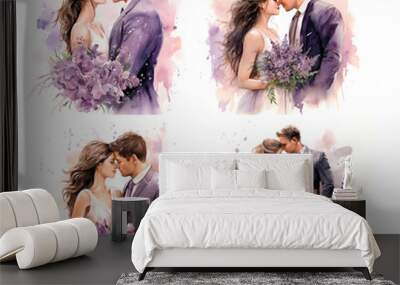 Watercolor illustration wedding groom and bride portrait lavander Wall mural