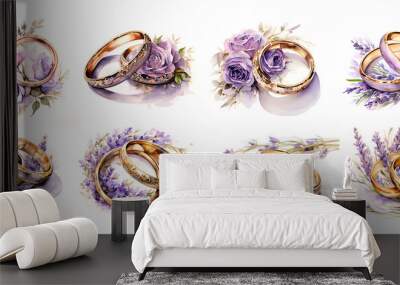 Watercolor illustration wedding rings with flowers lavander Wall mural