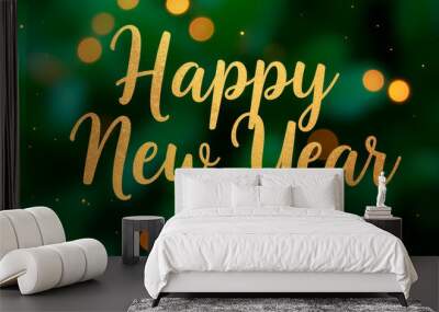 Happy New Year text on green festive background. Postcard, illustration Wall mural