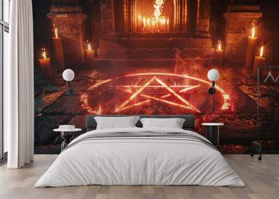 Glowing Red Pentagram Ritual Circle on Ancient Stone Floor in Dark Crypt with Candles Wall mural