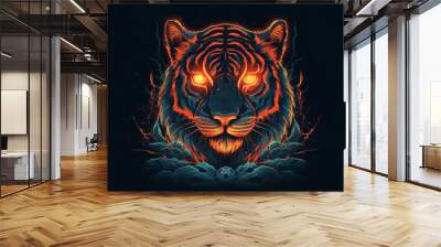 Illustration of a tiger head with orange glowing eyes in the dark Wall mural