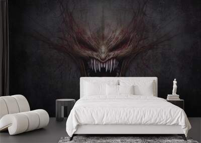 Scary looking monster face with dark grey background Wall mural