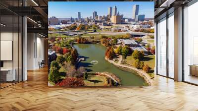 Aerial view of the downtown cityscape and fall color of Veterans Park Wall mural