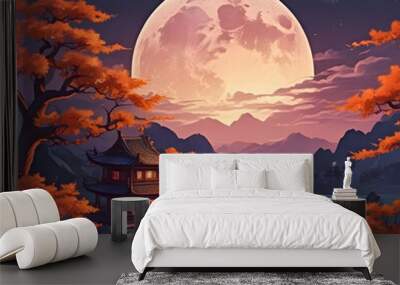 Mid-autumn festival background banner, image of a big full moon in the night sky. Wall mural