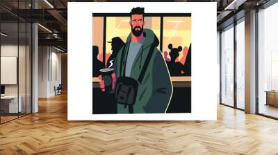 Bearded man holding papercup of coffee in cafe  Wall mural