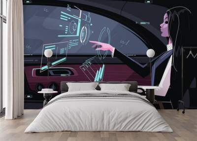 Business girl in car vector illustration. Cute businesswoman sitting in vehicle and working with biz hologram flat style design. Futuristic digital technology concept. Wall mural