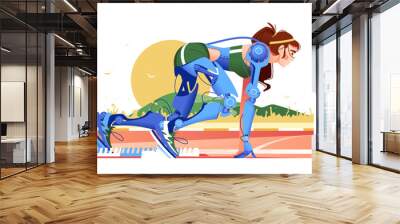 Girl runner - robot ready to start on track Wall mural