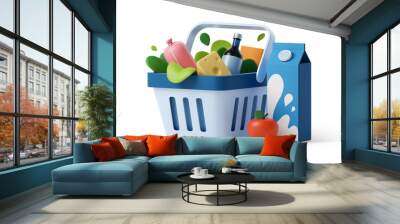 Shopping basket with groceries 3d illustration Wall mural