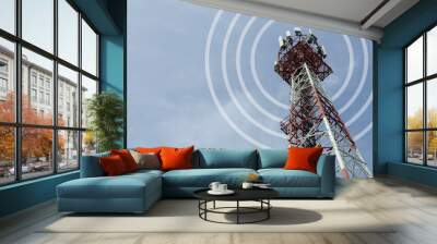 Telecom tower on blue sky background,network wave graphic on photo. Wall mural