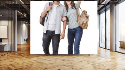 Beautiful happy couple full length portrait isolated transparent PNG. Young joyful smiling woman and man walking isolated transparency. Love, travel, tourism, students concept Wall mural