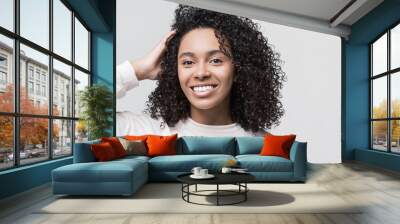 Beautiful young happy woman closeup studio portrait, Smiling cute joyful student girl isolated on gray background panoramic banner Wall mural